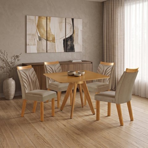 Conjunto Sala de Jantar Mesa Liz Quadrada Tampo Amadeirado 4 Cadeiras Veneza New Cinamomo Yescasa