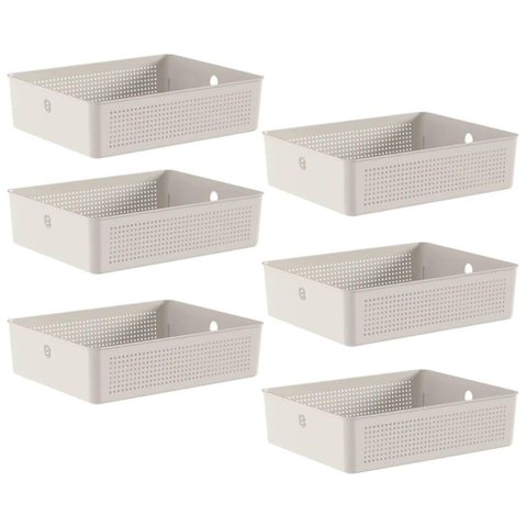 Conjunto 6 Cestos Organizadores 8,2l Flow Bege 34x27x9cm Lavanderia Banheiro Closet
