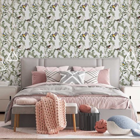 Papel de Parede Animal Florais Verdes Cheio de Aves Gh Papel de Parede 3,3m