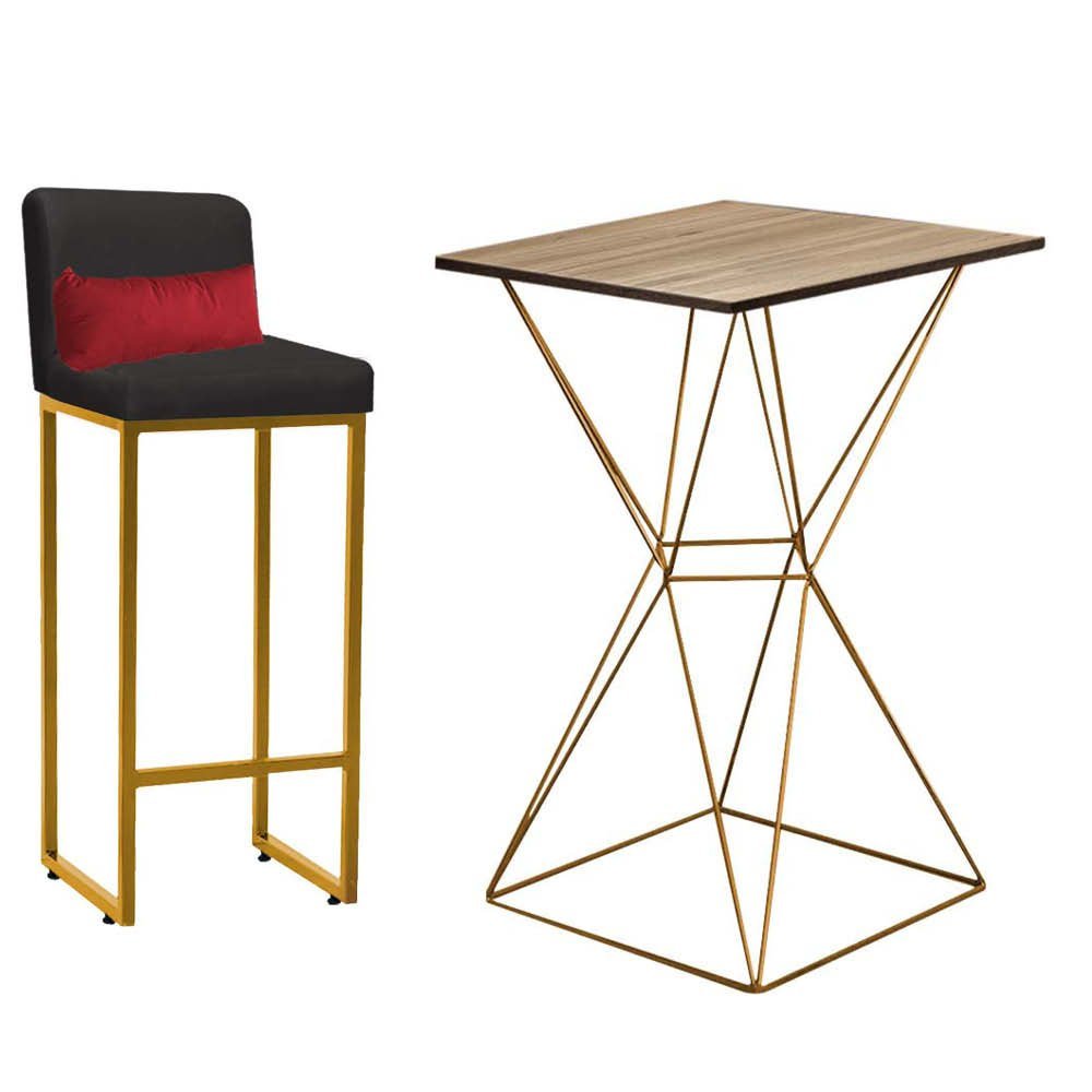 Kit Mesa Bistrô Lucca e 1 Banqueta Lucca Tampo Carvalho Ferro Dourado Suede Cinza e Almofada Vermelh