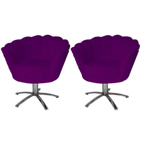Kit 2 Poltronas Decorativa Pétala Base Giratória Metal Suede Roxo Ms Decor