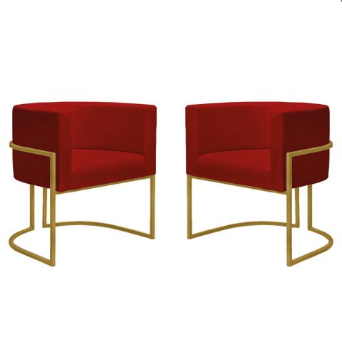Kit 2 Poltronas Reforçadas Decorativa Sala Nayara Base Ferro Dourado Suede Marsala