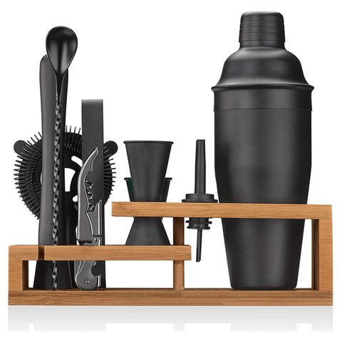 Kit de Coqueteleira 750ml em Aço Inox com Suporte de Bambu e Acessórios Vitino Onyx