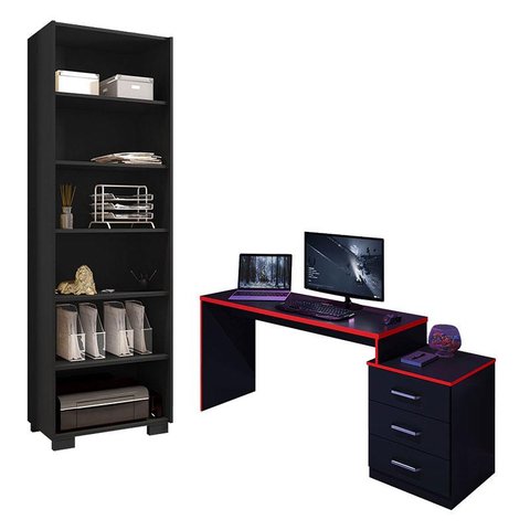 Mesa para Computador Gamer Drx 5000 e Livreiro Office Preto Trama Vermelho - Móveis Leão