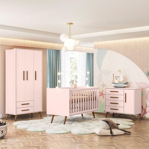 Quarto Infantil Q Encanto Berço Multifuncional MDP Colchão Não Incluso Rosa Qmovi