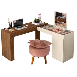 Penteadeira com Espelho em L Freijó Off White com Puff Pétala