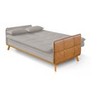 Ver imagem 1 de Sofá Cama 4 Lugares Veludo Bege com Braço em Couro Base Madeira Maciça