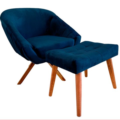 Kit Poltrona Giovana Giratória Ferro e Madeira, Puff Capitonê Luxo e Almofadas em Sued Premium:Azul 