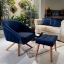 Ver imagem 2 de Kit Poltrona Giovana Giratória Ferro e Madeira, Puff Capitonê Luxo e Almofadas em Sued Premium:Azul