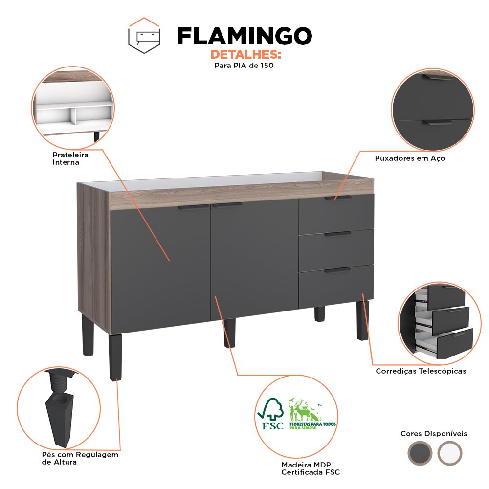 Gabinete de Cozinha para Pia de 150 em Madeira Flamingo 3 Gavetas Tamarindo/preto - Cozimax - 2