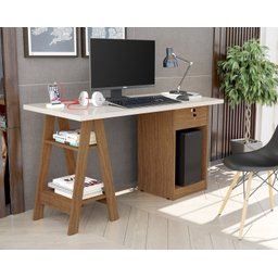 Escrivaninha Alto Padrão Bali Offwhite/canela com Gaveta e Nicho para Cpu - 2