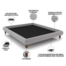 Cama Casal King Base Box Pés de Madeira 210cm Otto P05 Veludo Cinza - Lyam Decor - 3