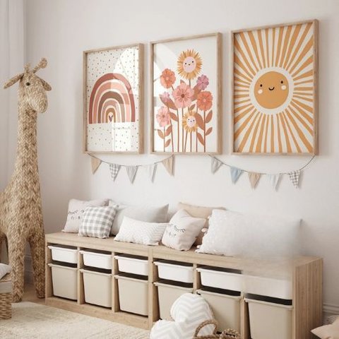 Kit 3 Quadros Decorativos Infantil | Natureza, Flores - Boho Natural NO2 - 40x60 - Moldura Madeira
