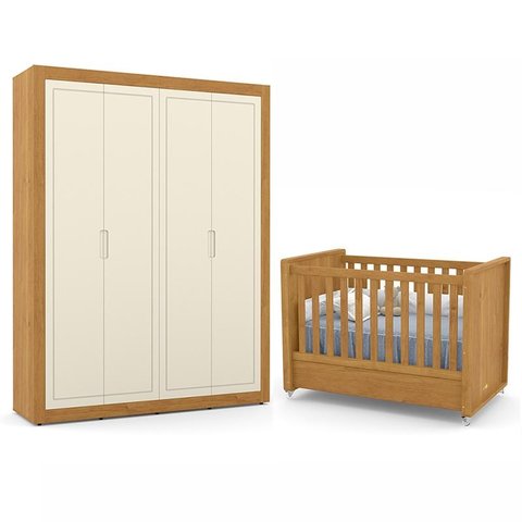 Jogo de Quarto Infantil Tutto New com Guarda Roupa 4 Portas e Berço Freijó/Off White - Matic Móveis