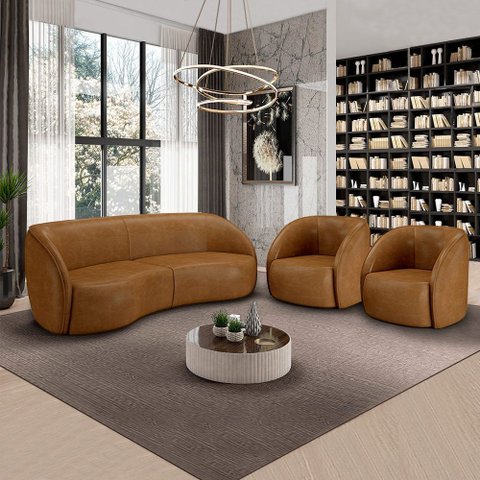 Conjunto Sofá Sala de Estar Bipartido 318cm 2 Poltronas Clarke Pu Caramelo Manchado G45 - Gran Belo