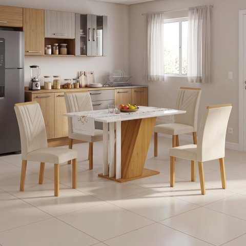 Mesa de Jantar Kit 4 Cadeiras MDF/MDP Freijó Off-White/Palha