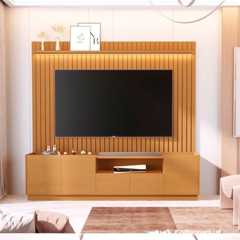 Rack com Painel para TV até 84 Polegadas Ripado com Iluminação 100% MDF 219cmx233cm Vitoria Regia Yescasa Nature