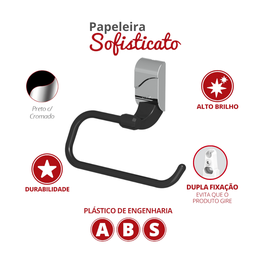 Papeleira Porta Papel Higiênico para Banheiro Linha Sofisticato Cor Preto e Cromado Durín - 2