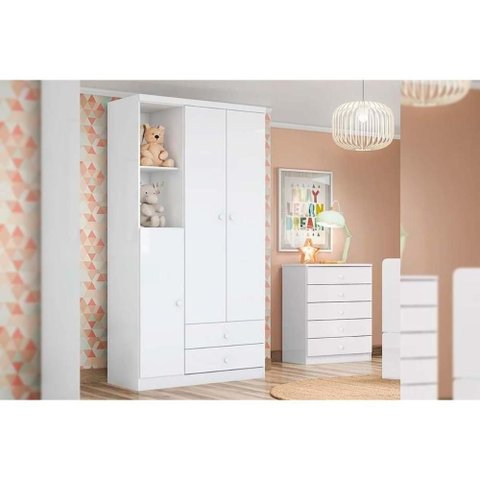 Quarto de Bebê Completo Bala de Menta 2 Peças (1 Guarda Roupa + 1 Cômoda) Qi93 Branco - Henn