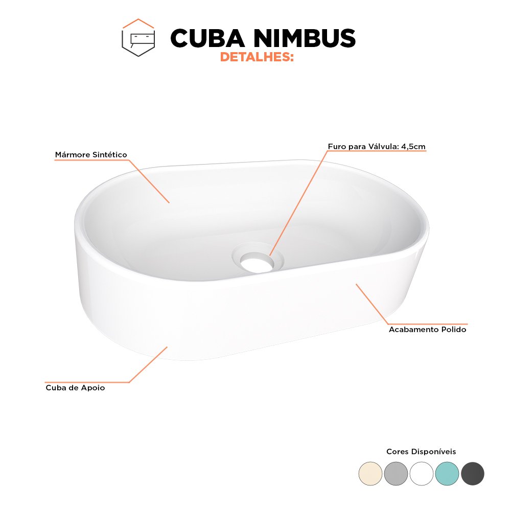 Cuba de Apoio para Banheiro em Mármore Sintético Nimbus Branco - Cozimax - 2