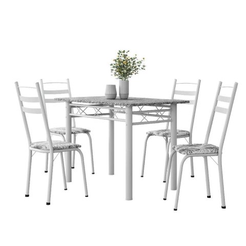 Conjunto de Mesa Sala de Jantar com 4 Cadeiras Leia Tubular Granito 1,20m Artefamol Branco / Floral