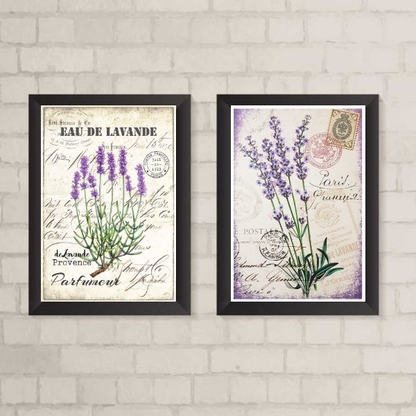 Kit 2 Quadros Lavanda Provençal Vintage 45x34cm - com vidro:Madeira branca - 2