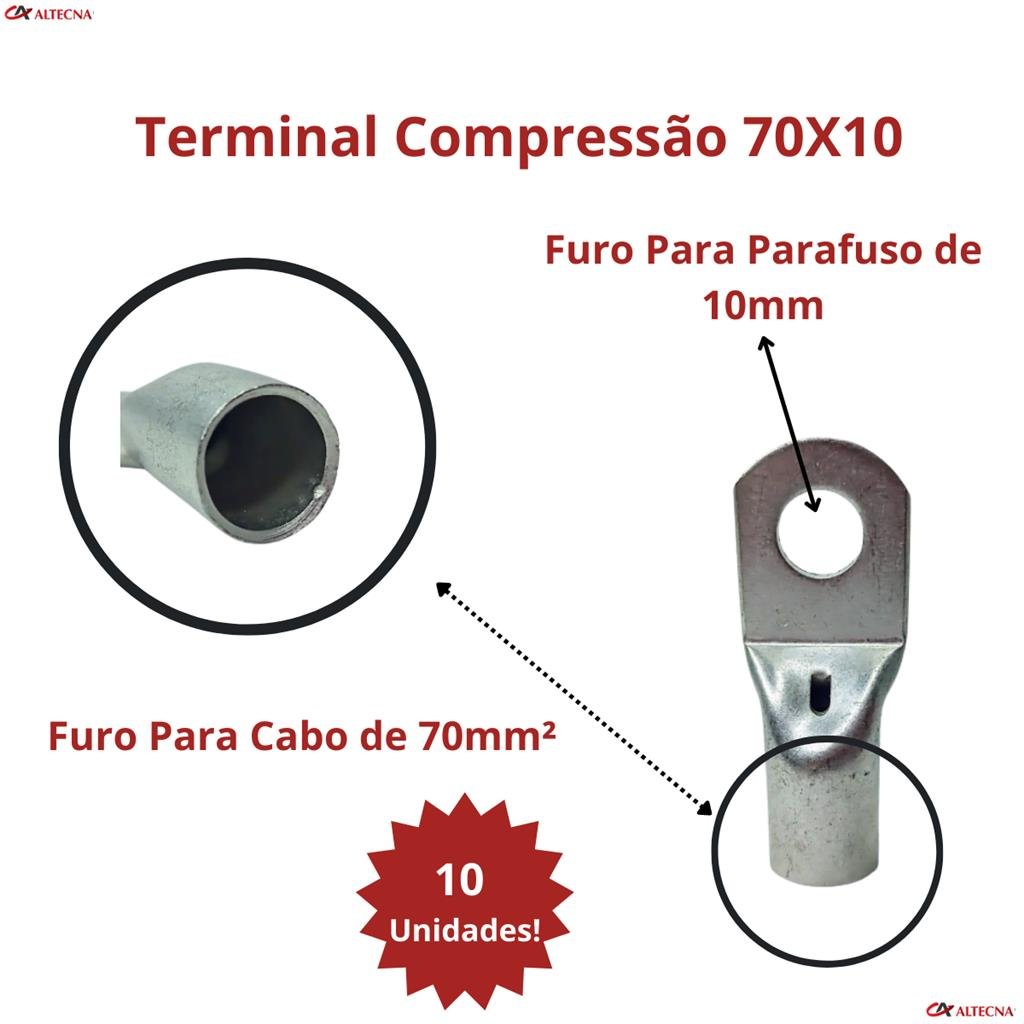 Terminal Compressão 70mm X M10 C/ 10 Peças - 5