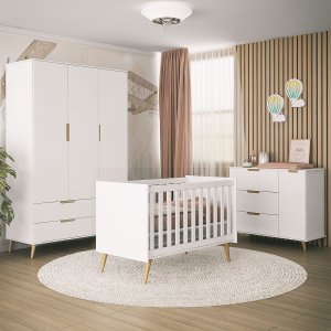 Quarto de Bebê Completo Retrô Melinda Berço 3 em 1 com Colchão Cômoda e Roupeiro 3 Portas Branco