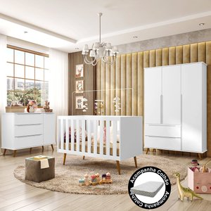 Quarto de Bebê Completo Retrô Melinda Berço 3 em 1 com Colchão Cômoda e Roupeiro 3 Portas Branco