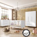 Ver imagem 1 de Quarto de Bebê Completo Retrô Melinda Berço 3 em 1 com Colchão Cômoda e Roupeiro 3 Portas Branco