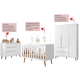Quarto de Bebê Completo Retrô Melinda Berço 3 em 1 com Colchão Cômoda e Roupeiro 3 Portas Branco - 2