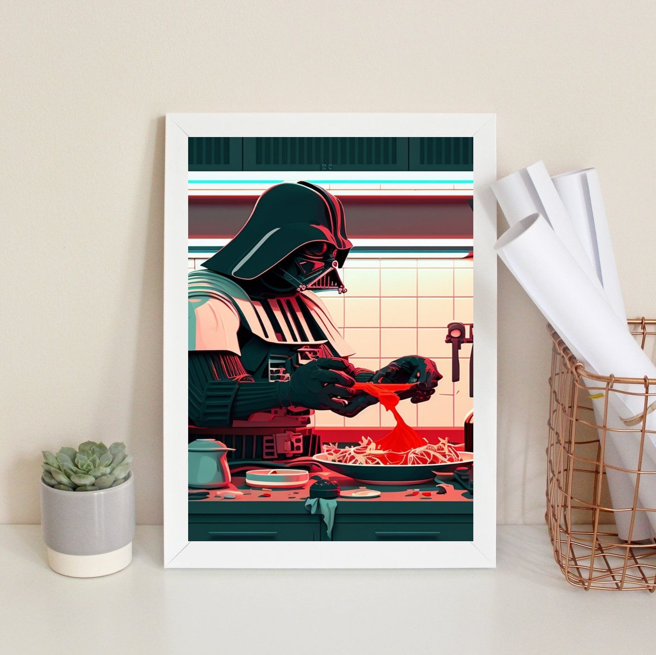 Quadro Cozinha - Cooking With Vader 33x24cm - com Vidro:moldura Branca - 1