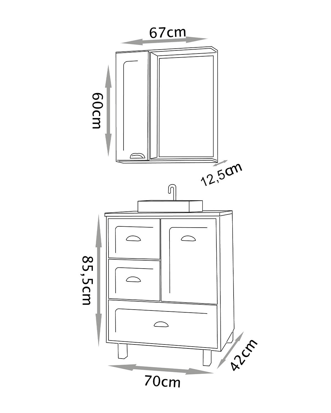 Conjunto para Banheiro Catarina 70cm com Pés Fabribam - Gabinete, Espelheira, Cuba e Vidro - 7