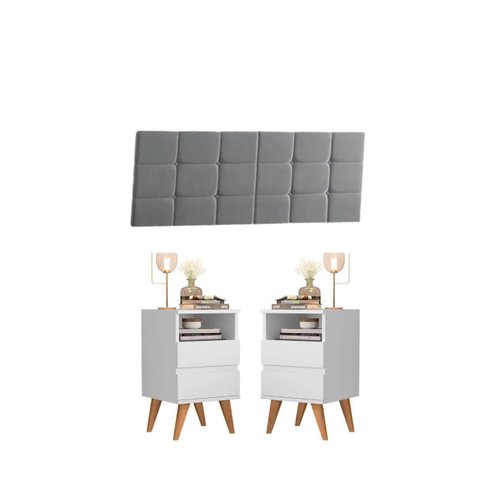 Conjunto Mesa de Cabeceira Retrô 2 Gavetas -pop- Branco com Cabeceira - Bia Cinza Casal