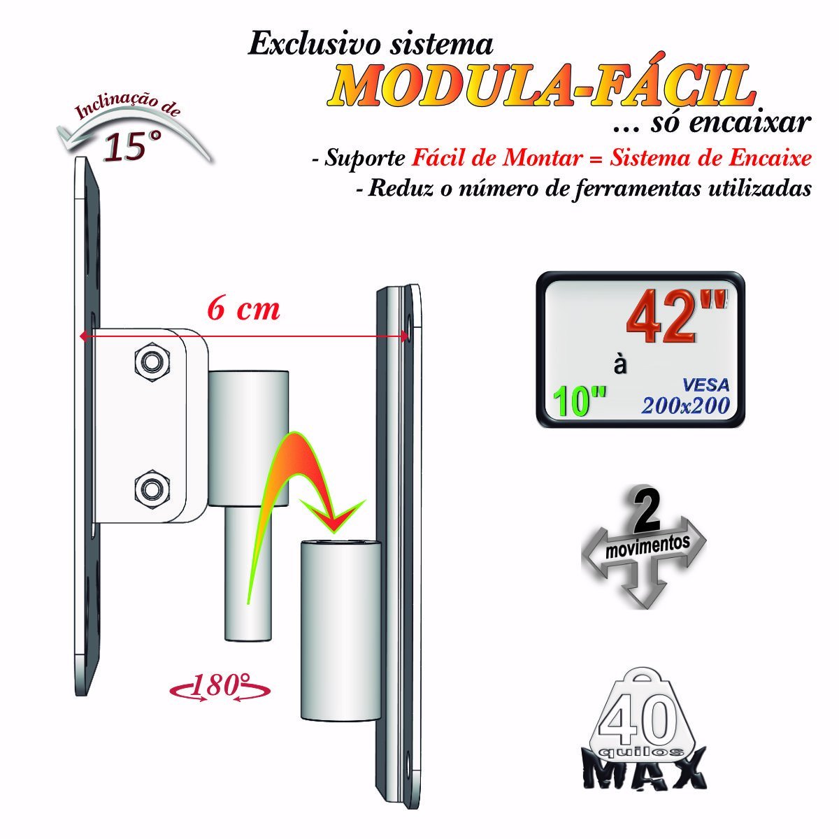 SUPORTE TV 10" a 42" VESA 200X200 2 MOVIMENTOS - Branco - 8