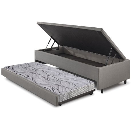 Bicama Box com Baú Solteirão Courino Linho Cinza 96x203 com Colchão Auxiliar Ecoflex