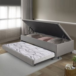 Bicama Box com Baú Solteirão Courino Linho Cinza 96x203 com Colchão Auxiliar Ecoflex - 4