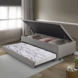 Bicama Box com Baú Solteirão Courino Linho Cinza 96x203 com Colchão Auxiliar Ecoflex