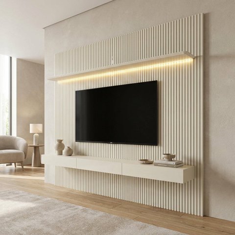 Painel para TV até 90 Polegadas 100% MDF com LED 250cm x 224cm Casuá Off White Requinte