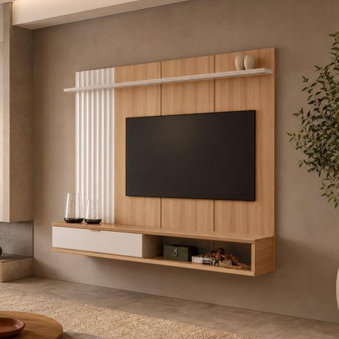 Painel para TV 75 pol com Bancada Suspensa 179cm Telles L05 Jequitibá Off White Fosco - Lyam Decor