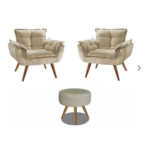 Kit 2 Poltronas Decorativa Opala com Puff Redondo Suede Bege - Twdecora Opalla