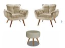 Ver imagem 1 de Kit 2 Poltronas Decorativa Opala com Puff Redondo Suede Bege - Twdecora Opalla