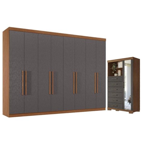 Guarda Roupa Casal 8 Portas 4 Gavetas Master New e Cômoda Marabá com Espelho e Pés Jatobá