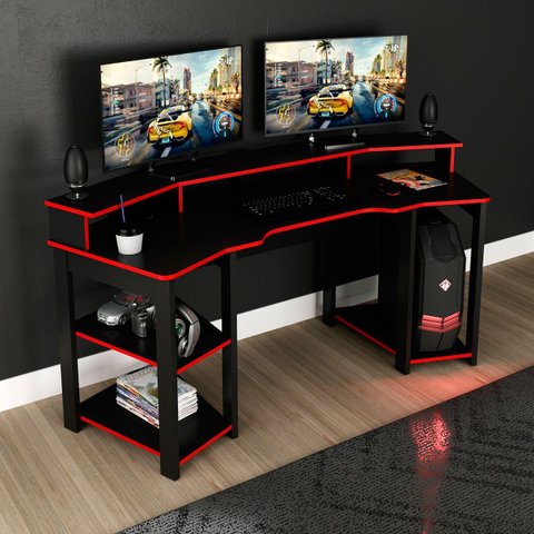Mesa para Computador Gamer Espaço para 2 Monitores e Cpu Preto/vermelho