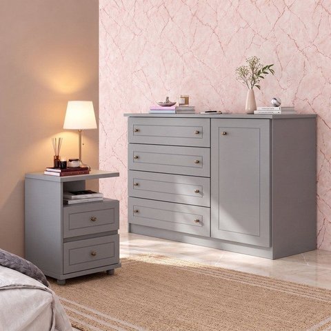 Conjunto Quarto Adulto Cômoda e 02 Mesas de Cabeceira Nova York Espresso Móveis Cinza