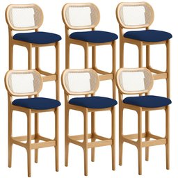 Kit 06 Banquetas Altas Para Cozinha Bancada Sala Tela Betta Fixa L02 Suede Azul Marinho - Lyam Lyam  - 1