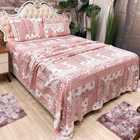 Jogo de Cama Lençol Casal Colonial Percal 300 Fios 4 Peças - Rosê