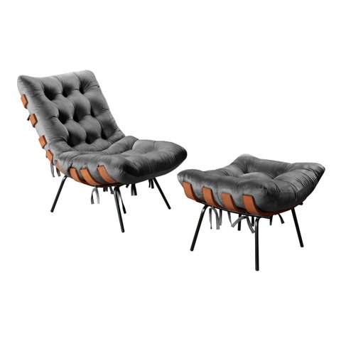 Poltrona Costela com Puff Base Fixa para Sala, Quarto - Suede Cinza Grafite