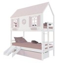 Ver imagem 2 de Beliche Casinha Bela com Coração 2 Gavetas Rosa Kit Escada/Escorregador - Madeira Maciça Branco/