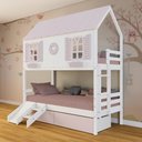 Ver imagem 1 de Beliche Casinha Bela com Coração 2 Gavetas Rosa Kit Escada/Escorregador - Madeira Maciça Branco/
